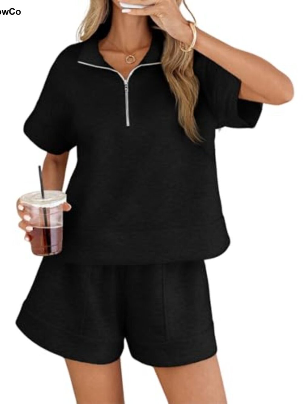Two Piece Shorts Set Quarter Zip Pullover Short Sleeve Casual Gym Outfit